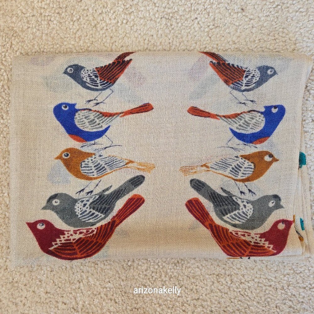 NWOT Painted Stylized Bird Scarf Shawl--Possibly Cashmere *READ* - Picture 1 of 13